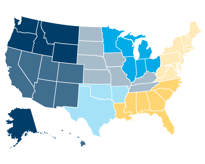 US map showing colored regions